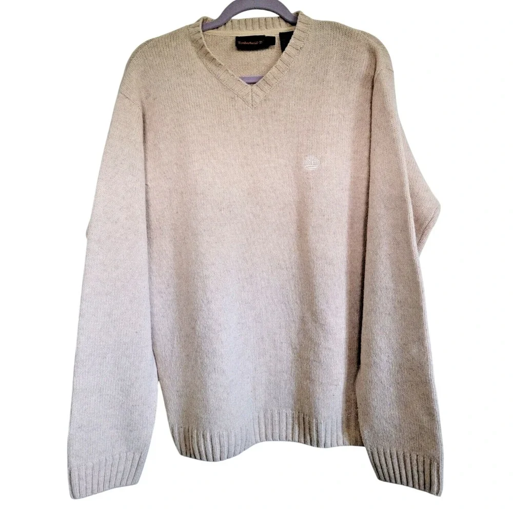 Timberland Mens L V-Neck Y2K Vintage Lambswool Sweater Beige Tan Large Logo‎
